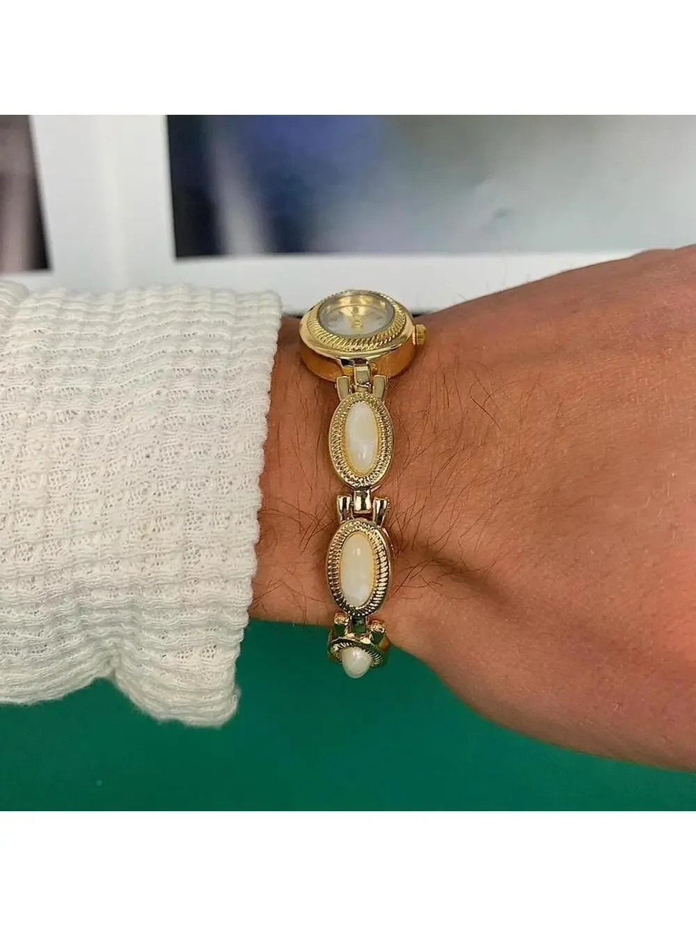 Y2k style Dainty cute Gold style tone quartz watch with white jade stone opal ac